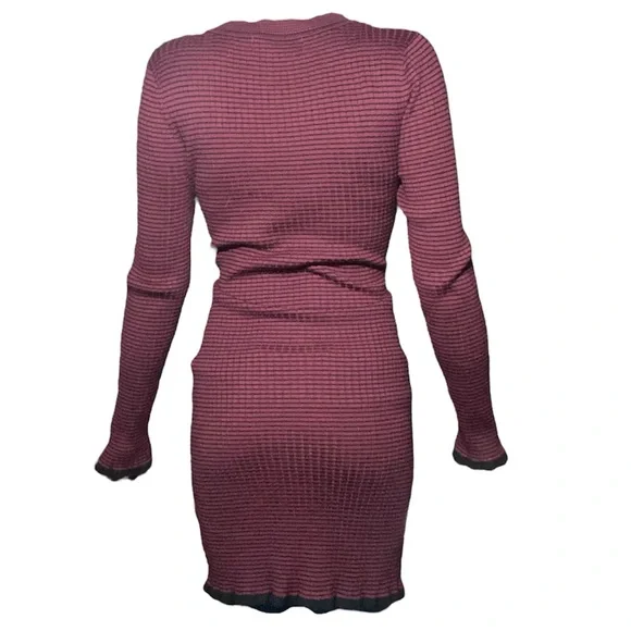 ‼️NOW SOLD ‼️ Burgundy & Black Stripped Ribbed Knit Long Sleeve Sweater Dress - Picture 2 of 6